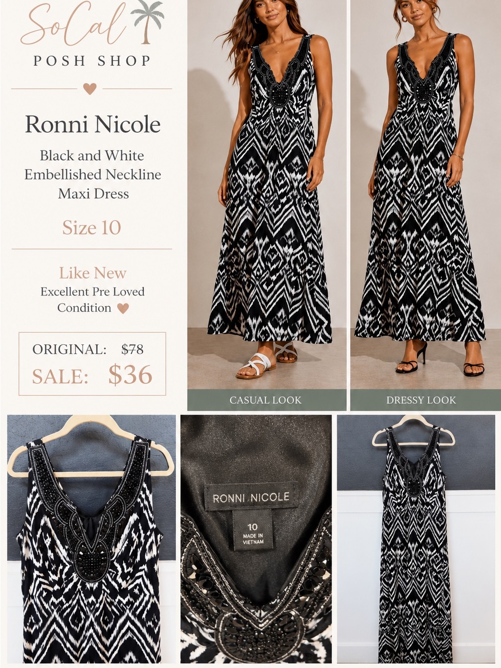 Ronni Nicole Black & White Beaded V-Neck Maxi Dress
